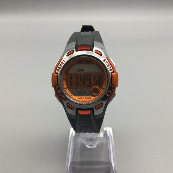 Armitron Pro Sports Watch Men Silver Tone Gray Orange Day Date Timer 50M - Picture 2 of 11